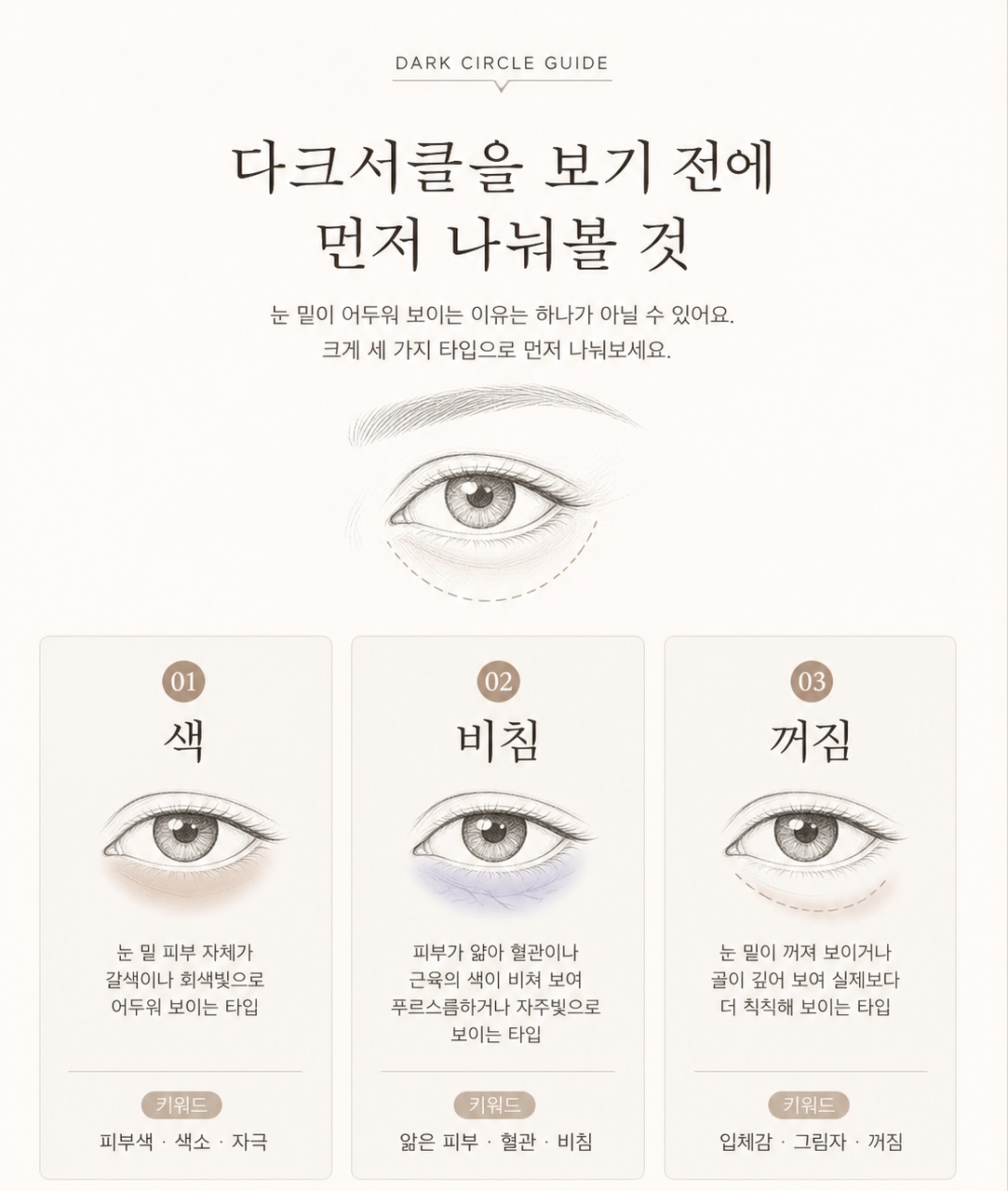 다크서클 가이드 — 색·비침·꺼짐, 답이 다른 세 가지 타입.